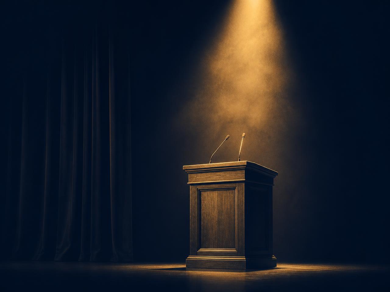 A spotlit podium on a darkened stage